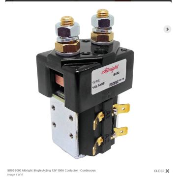 SU80-5000 ALBRIGHT   ΡΕΛΕ  ΕΝΙΣΧΥΜΕΝΟ  12V 150A     Single Acting 12V 150A Contactor - Continuous  Model:  SU80-5000  Brand:  Albright Colour:  Black Voltage:  12V DC Amperage:  150A Material:  Copper/Silver/Bakelite/Steel Coil type:  Continuous - 