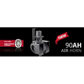 90AH Compact design, combines the air horn principle with snail shape design. 90AH1200	12V	4A-6A	115dB(A)	4-6 Kg/cm2	  90AH2400	24V	3A-5A	115dB(A)	4-6 Kg/cm2	87 x 113 x 152  - 