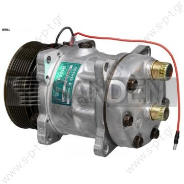 8901 KOMPRESOR SD7H13 MODEL   Brand	SANDEN UNIVERSAL COMPRESSORS OE MODEL - SD8901 Voltage	12 V Pulley wheel diameter [mm]	119 Number of grooves	8 Connectors	7/8"X 3/4" Connectors orientation	Horizontal Cover designation	KG