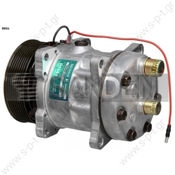 8901 KOMPRESOR SD7H13 MODEL   Brand	SANDEN UNIVERSAL COMPRESSORS OE MODEL - SD8901 Voltage	12 V Pulley wheel diameter [mm]	119 Number of grooves	8 Connectors	7/8"X 3/4" Connectors orientation	Horizontal Cover designation	KG