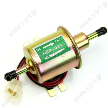 HEP-02 ΑΝΤΛΙΑ ΒΕΝΖΙΝΗΣ ΠΕΤΡΕΛΑΙΟΥ 12V electric fuel pump for car carburetor,  HEP02A  Self-priming up to 5 m - Hose connection 8 mm - Delivers up to 70 L per hour Consists of	- Universal diesel lift pump, 12 V -2 cables -T-connector Unit  - 
