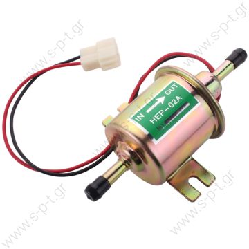 HEP-02 ΑΝΤΛΙΑ ΒΕΝΖΙΝΗΣ ΠΕΤΡΕΛΑΙΟΥ 12V electric fuel pump for car carburetor,  HEP02A  Self-priming up to 5 m - Hose connection 8 mm - Delivers up to 70 L per hour Consists of	- Universal diesel lift pump, 12 V -2 cables -T-connector Unit  - 