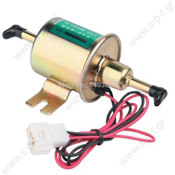 HEP-02 ΑΝΤΛΙΑ ΒΕΝΖΙΝΗΣ ΠΕΤΡΕΛΑΙΟΥ 12V electric fuel pump for car carburetor,  HEP02A  Self-priming up to 5 m - Hose connection 8 mm - Delivers up to 70 L per hour Consists of	- Universal diesel lift pump, 12 V -2 cables -T-connector Unit  - 