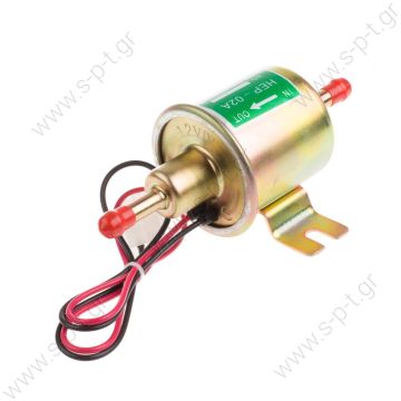 HEP-02 ΑΝΤΛΙΑ ΒΕΝΖΙΝΗΣ ΠΕΤΡΕΛΑΙΟΥ 12V electric fuel pump for car carburetor,  HEP02A  Self-priming up to 5 m - Hose connection 8 mm - Delivers up to 70 L per hour Consists of	- Universal diesel lift pump, 12 V -2 cables -T-connector Unit  - 