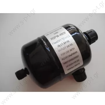 RSPW-4808   ΕΛΑΙΟΔΙΑΧΩΡΙΣΤΗΣ RSPW-4808    Περιγραφή OR 8 (1/2)  77mmDIA X 105mmLG  INLET : 3/4 R/L  OUTLET : 3/4 R/L  R22 / R134a / R404A / R407C / R502 / R507  DESING PRESS 3450Kpa / 500Psi - 