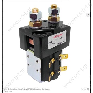 SU80-5000 ALBRIGHT   ΡΕΛΕ  ΕΝΙΣΧΥΜΕΝΟ  12V 150A     Single Acting 12V 150A Contactor - Continuous  Model:  SU80-5000  Brand:  Albright Colour:  Black Voltage:  12V DC Amperage:  150A Material:  Copper/Silver/Bakelite/Steel Coil type:  Continuous - 